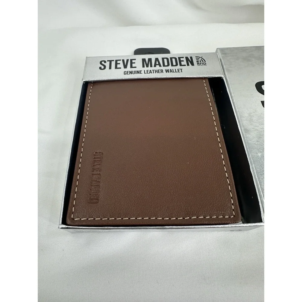Steve Madden Billfold Brown Leather Wallet With Back RFID New‎ In Box
